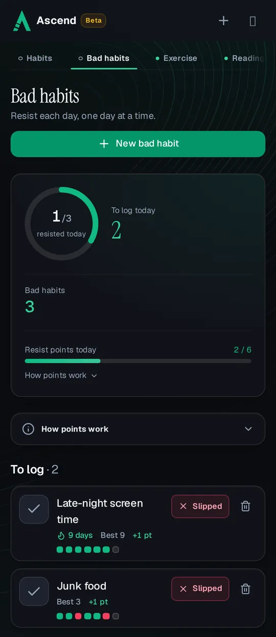 The Bad habits page on a phone: 1 of 3 resisted today, 2 still to log, and Late-night screen time with a 9-day resist streak