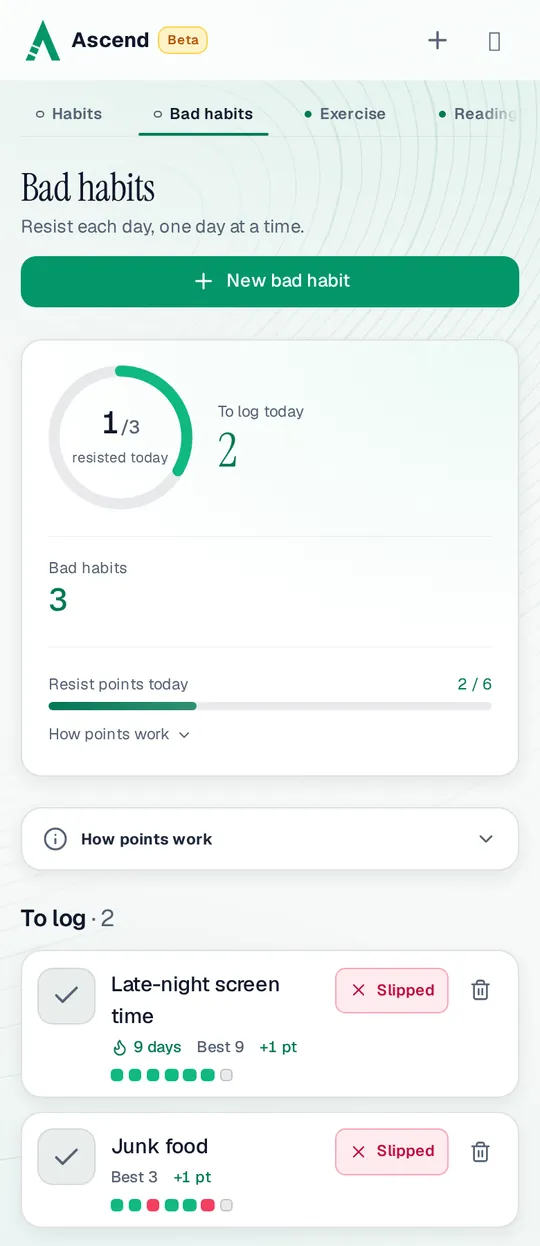 The Bad habits page on a phone: 1 of 3 resisted today, 2 still to log, and Late-night screen time with a 9-day resist streak
