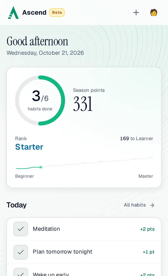 The Ascend dashboard on a phone: 3 of 6 habits done today, 331 season points and the Starter rank