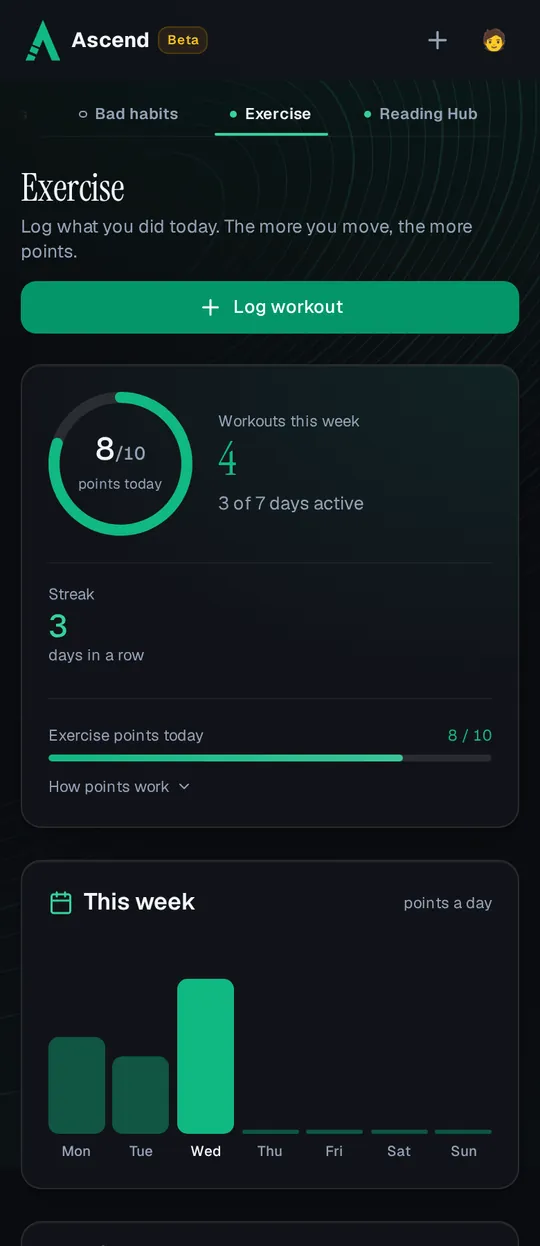 Exercise on a phone: 8 of 10 workout points today, 4 workouts this week on 3 of 7 days, a 3-day exercise streak and a chart of points per day