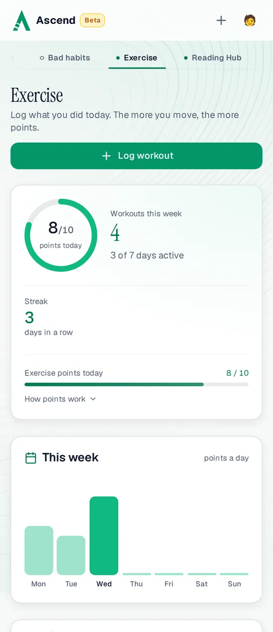 Exercise on a phone: 8 of 10 workout points today, 4 workouts this week on 3 of 7 days, a 3-day exercise streak and a chart of points per day