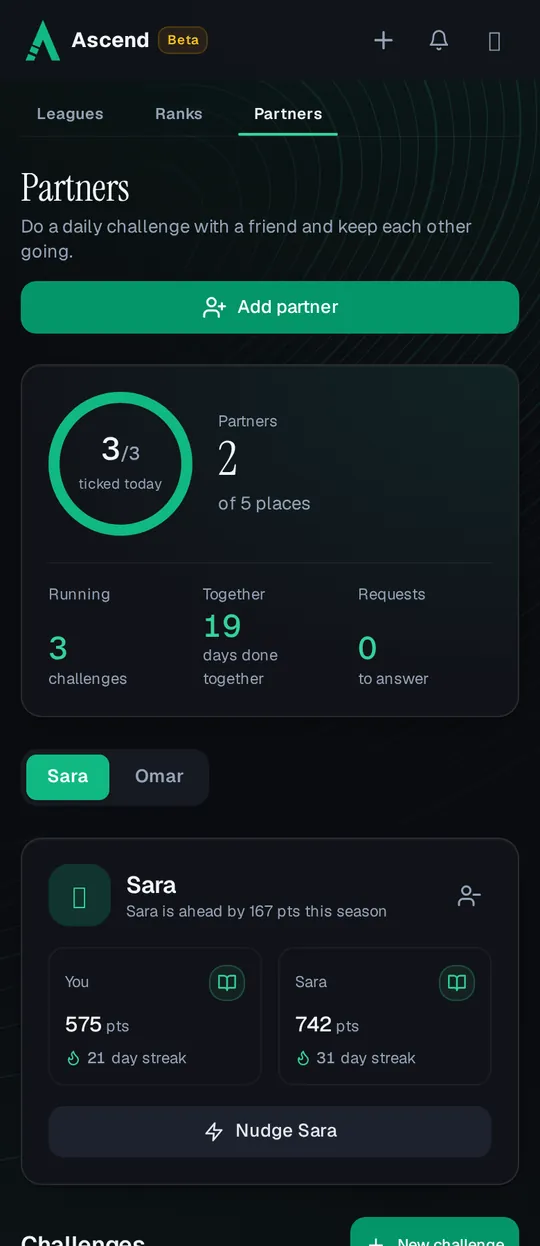 Partners on a phone: Ali with 2 partners and 3 of 3 challenges ticked today, Sara 167 points ahead this season, and a Read 20 pages challenge at 10 of 30 days together