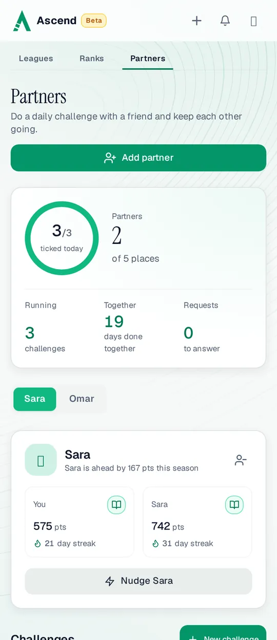Partners on a phone: Ali with 2 partners and 3 of 3 challenges ticked today, Sara 167 points ahead this season, and a Read 20 pages challenge at 10 of 30 days together