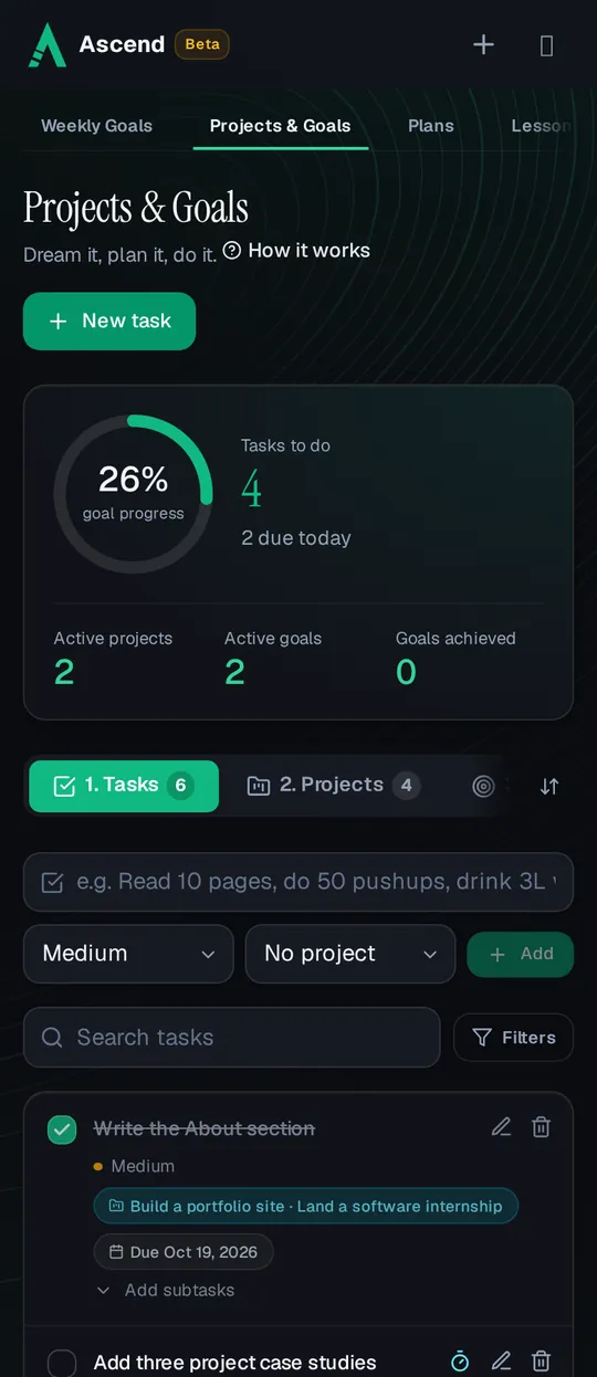 Projects & Goals on a phone: 26% goal progress, 4 tasks to do with 2 due today, and tasks linked to a portfolio project