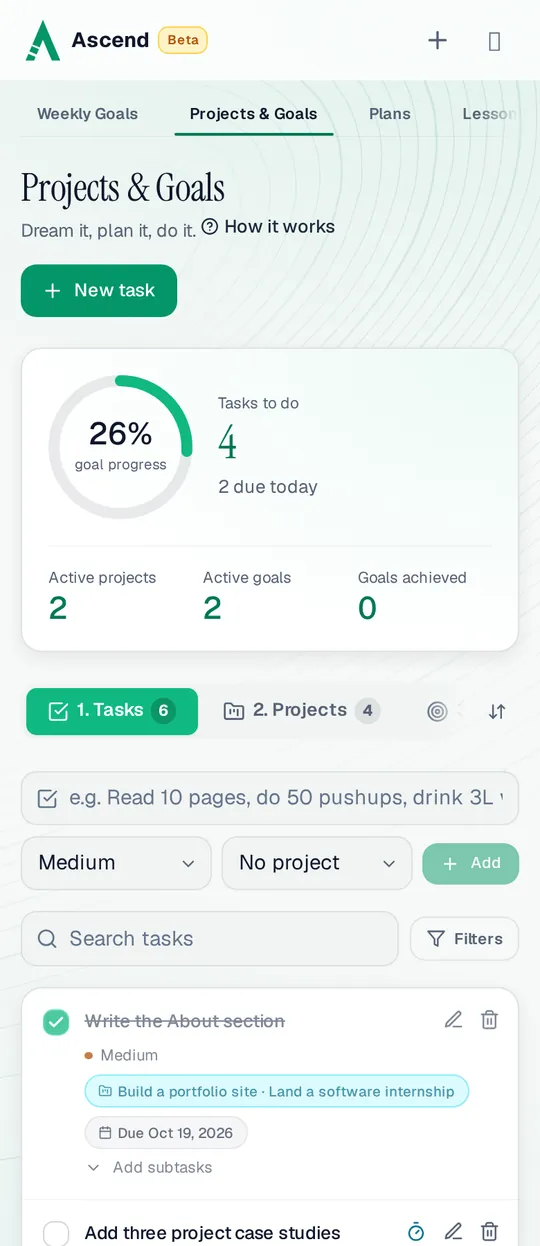 Projects & Goals on a phone: 26% goal progress, 4 tasks to do with 2 due today, and tasks linked to a portfolio project