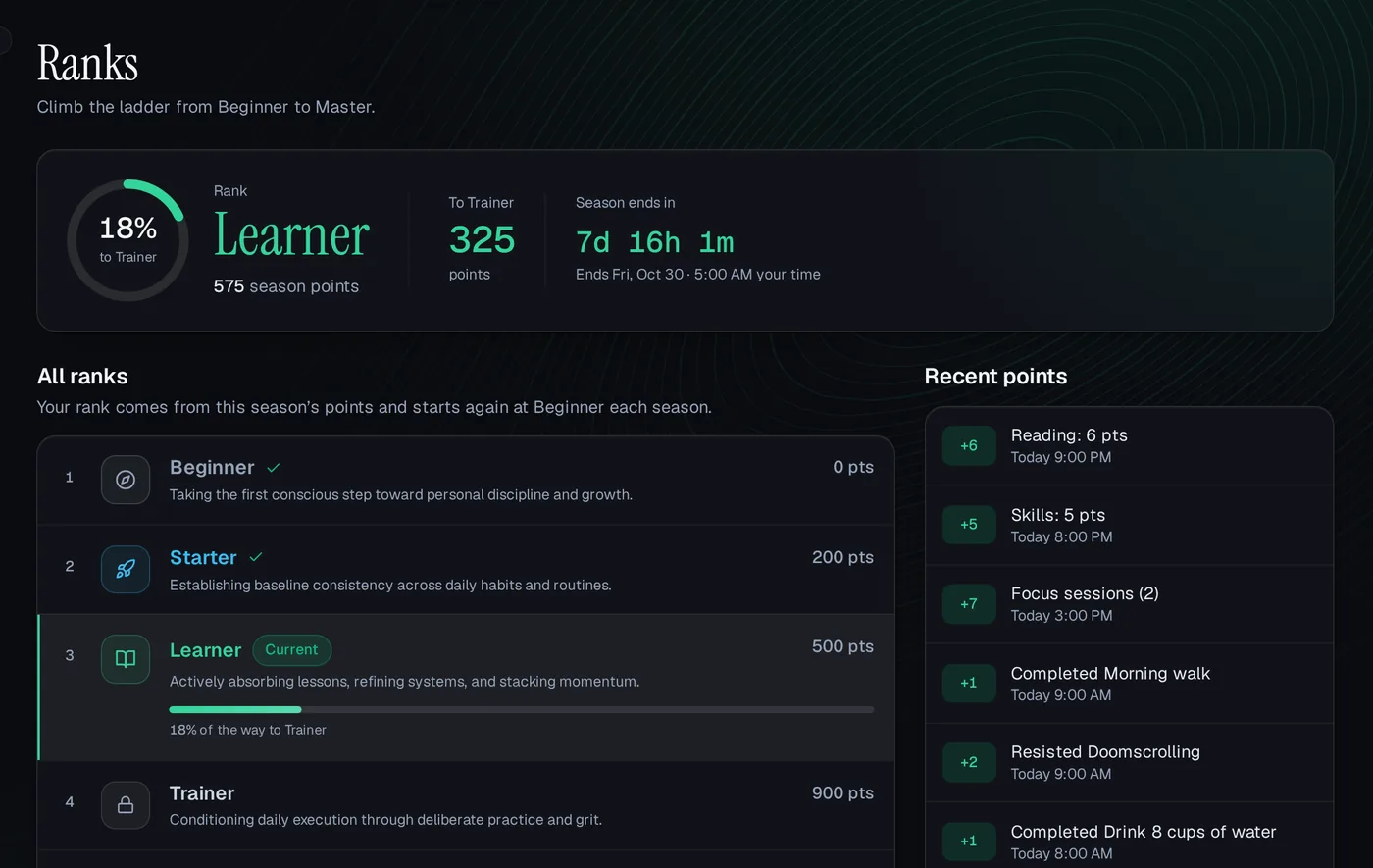The Ranks page in Ascend: Starter rank at 43% of the way to Learner, the season countdown, all nine ranks with the points they need, and recent points