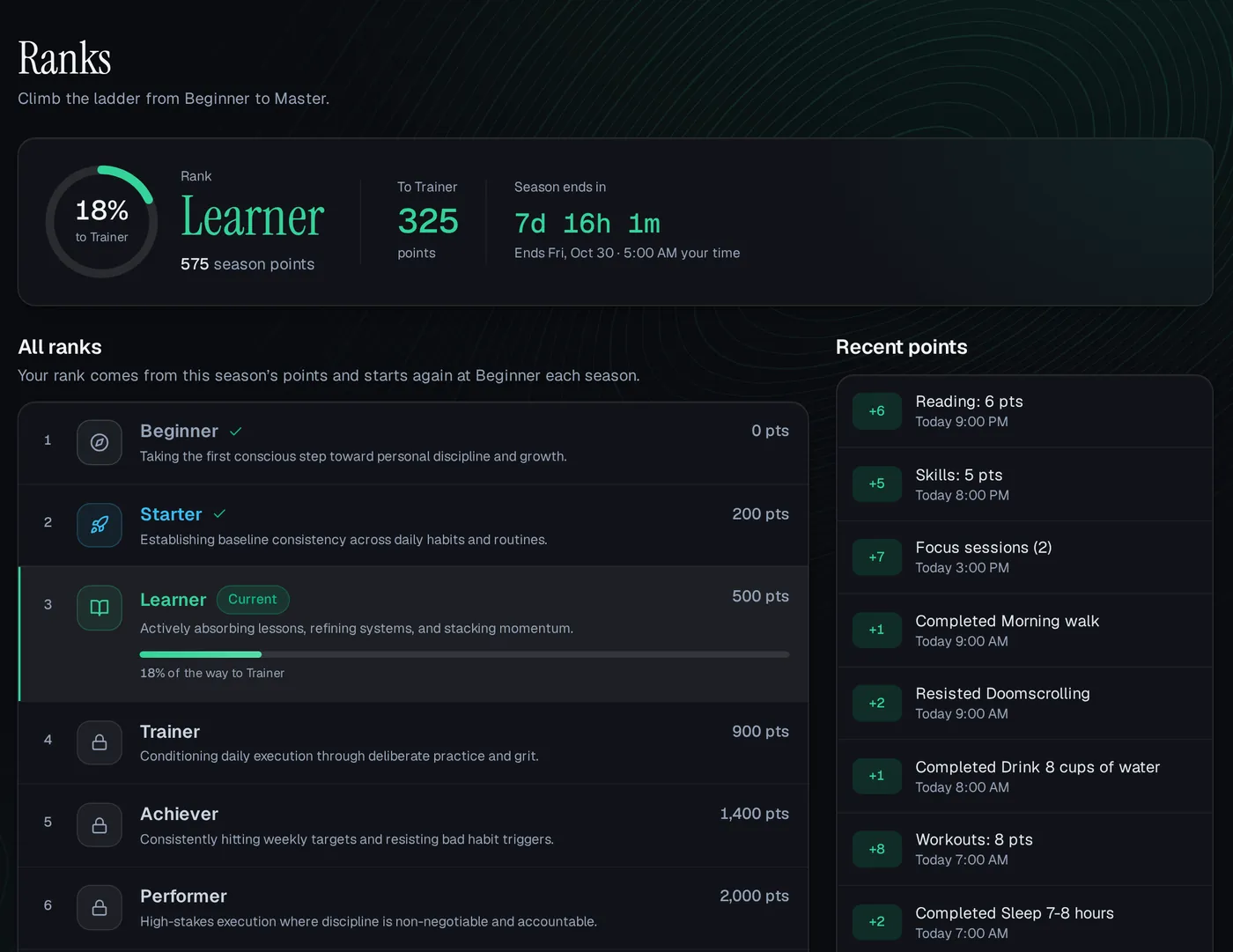 The Ranks page on a computer: Learner with 575 season points and 18% of the way to Trainer, the ladder from Beginner (0) to Performer (2,000), and recent points such as Reading: 6 pts