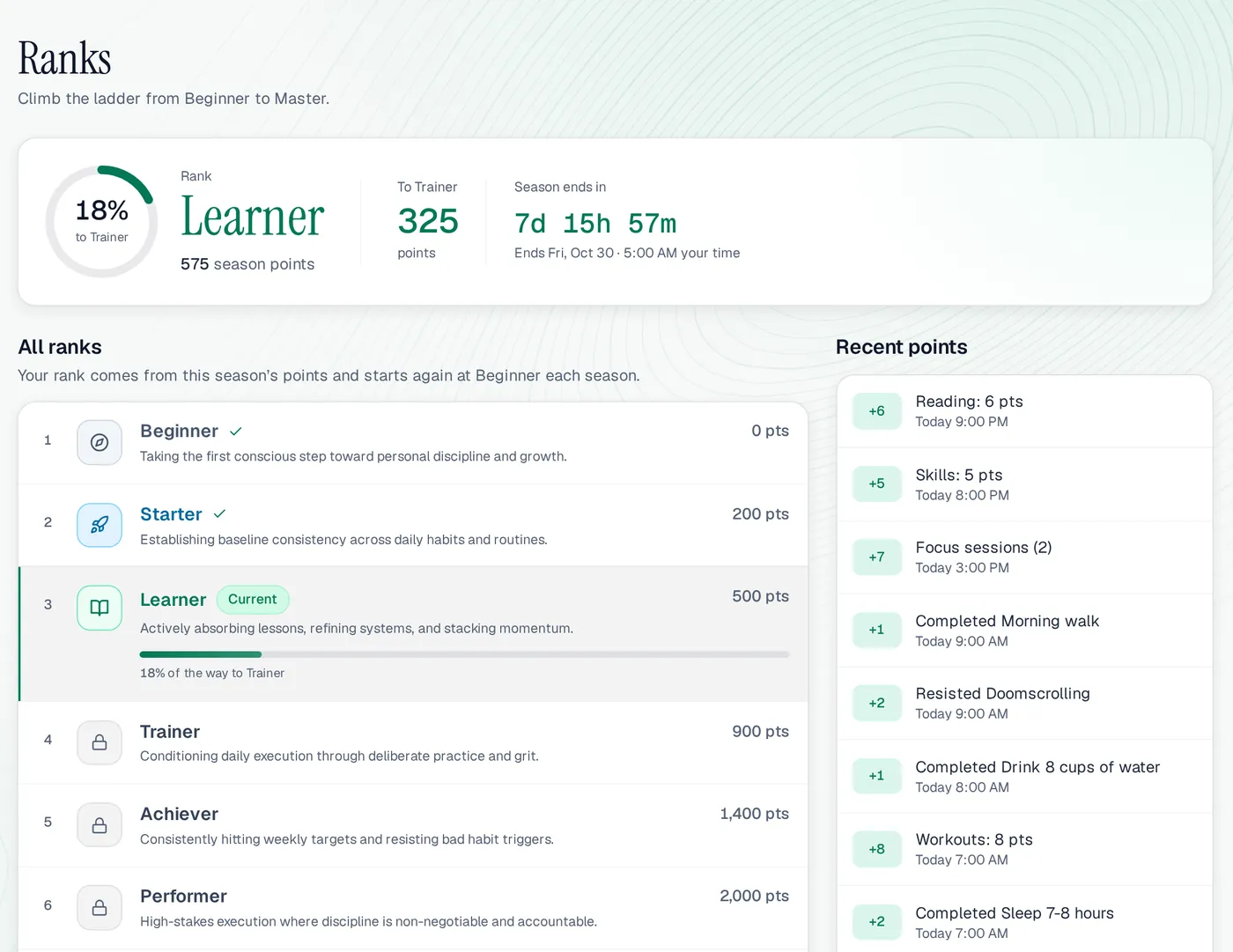 The Ranks page on a computer: Learner with 575 season points and 18% of the way to Trainer, the ladder from Beginner (0) to Performer (2,000), and recent points such as Reading: 6 pts