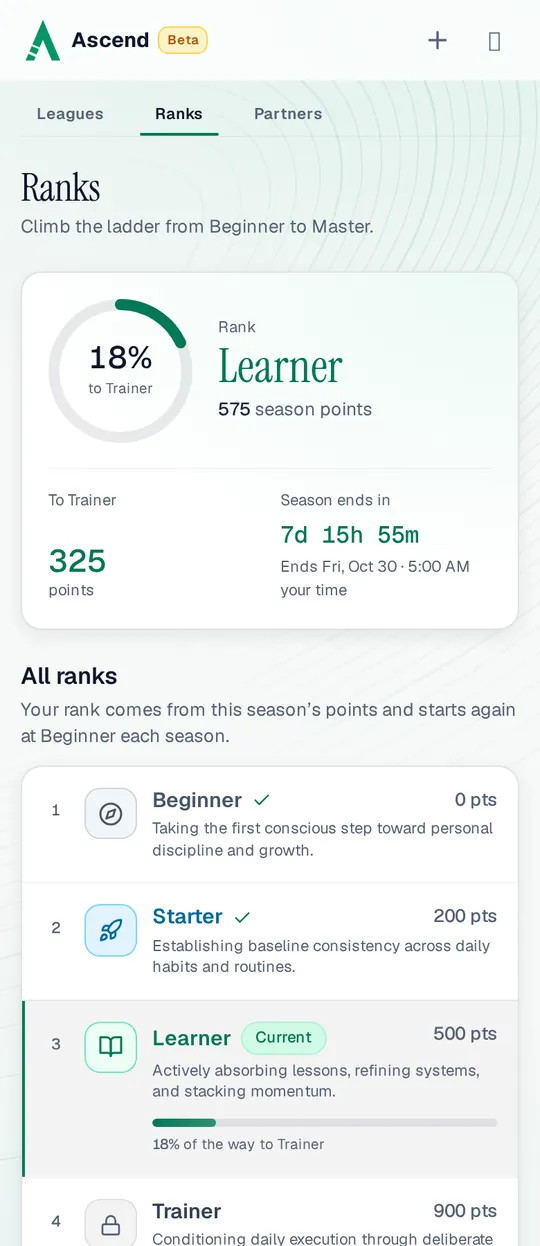 The Ranks page on a phone: Ali is a Learner with 575 season points, 325 points to Trainer, the season countdown, and the ladder from Beginner to Achiever