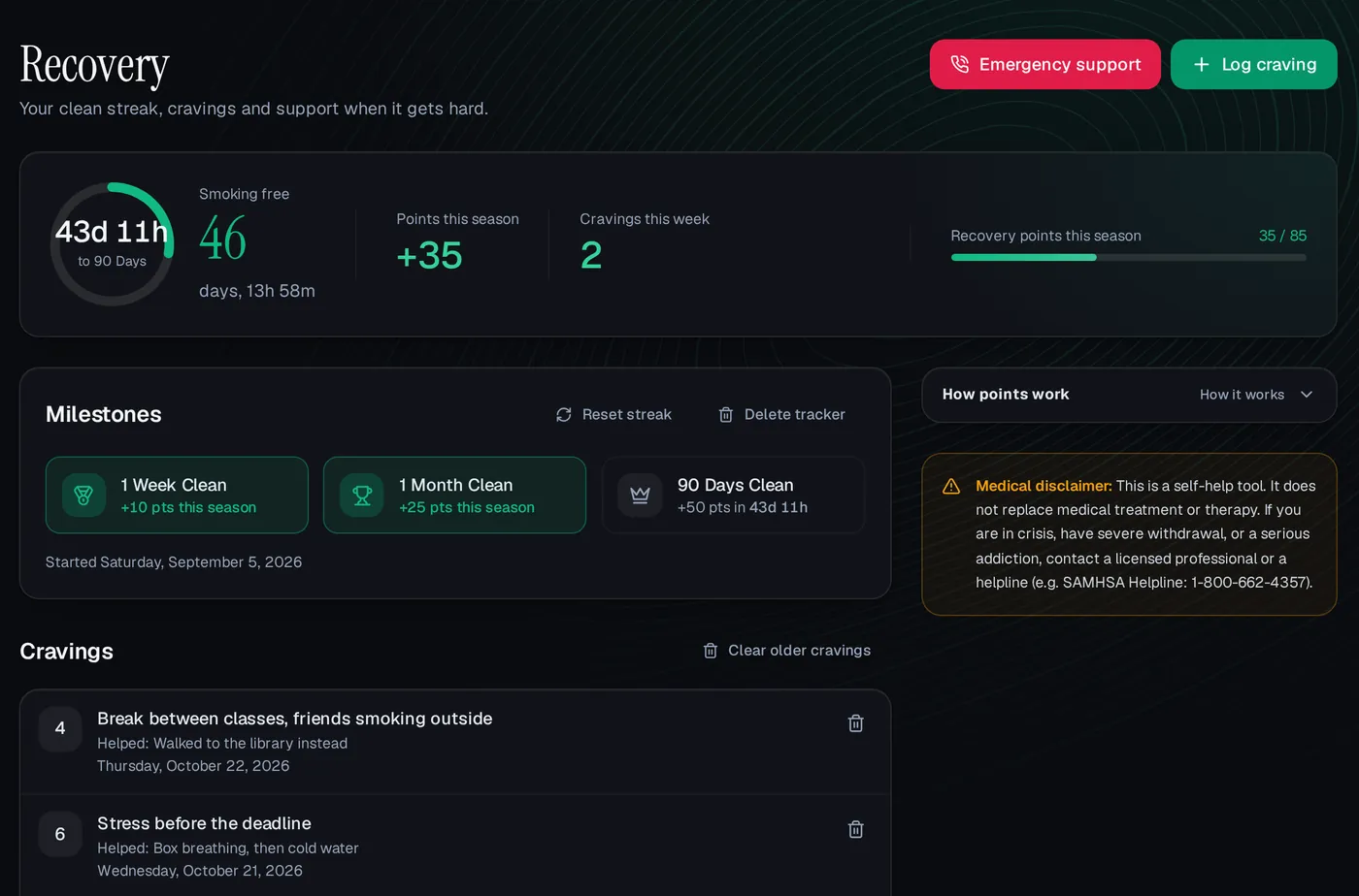 The Recovery page on a computer: 1 Week Clean (+10) and 1 Month Clean (+25) earned this season, 90 Days Clean next for +50, the medical disclaimer with the SAMHSA helpline, and the latest cravings with their triggers and what helped