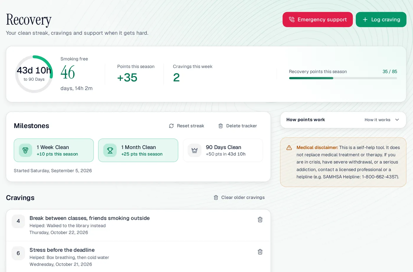 The Recovery page on a computer: 1 Week Clean (+10) and 1 Month Clean (+25) earned this season, 90 Days Clean next for +50, the medical disclaimer with the SAMHSA helpline, and the latest cravings with their triggers and what helped