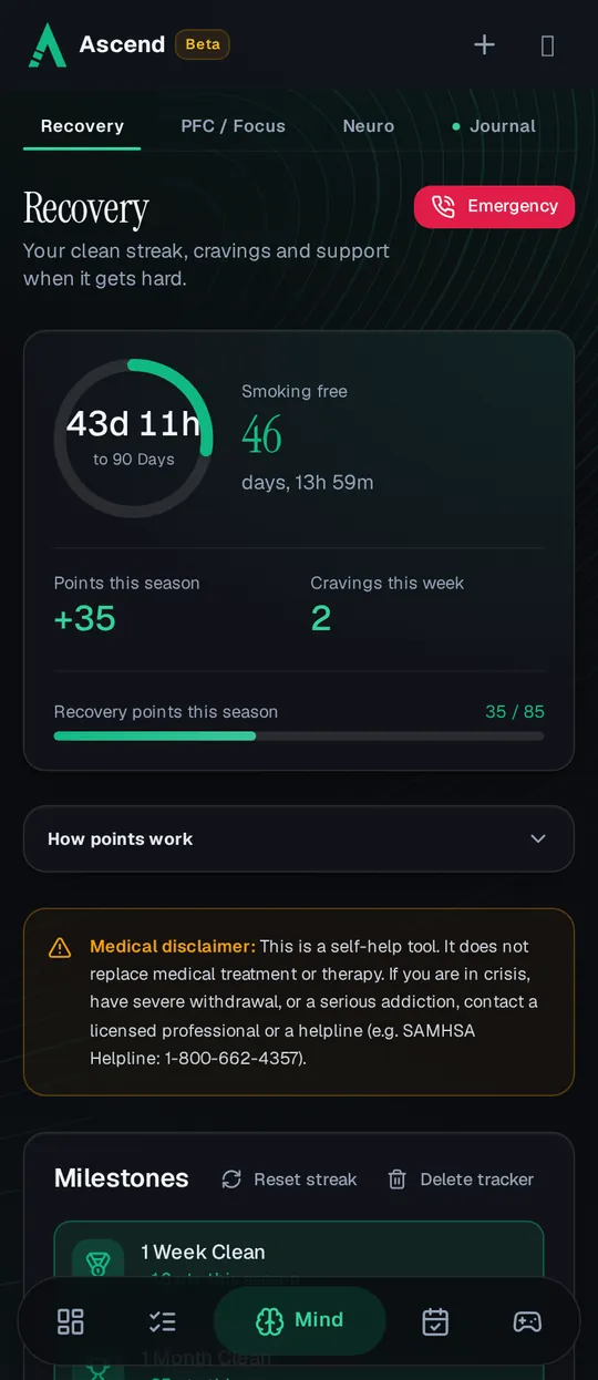 The Recovery page on a phone: 46 days smoking free, 43 days 11 hours left to the 90-day milestone, 35 of 85 recovery points this season and 2 cravings this week