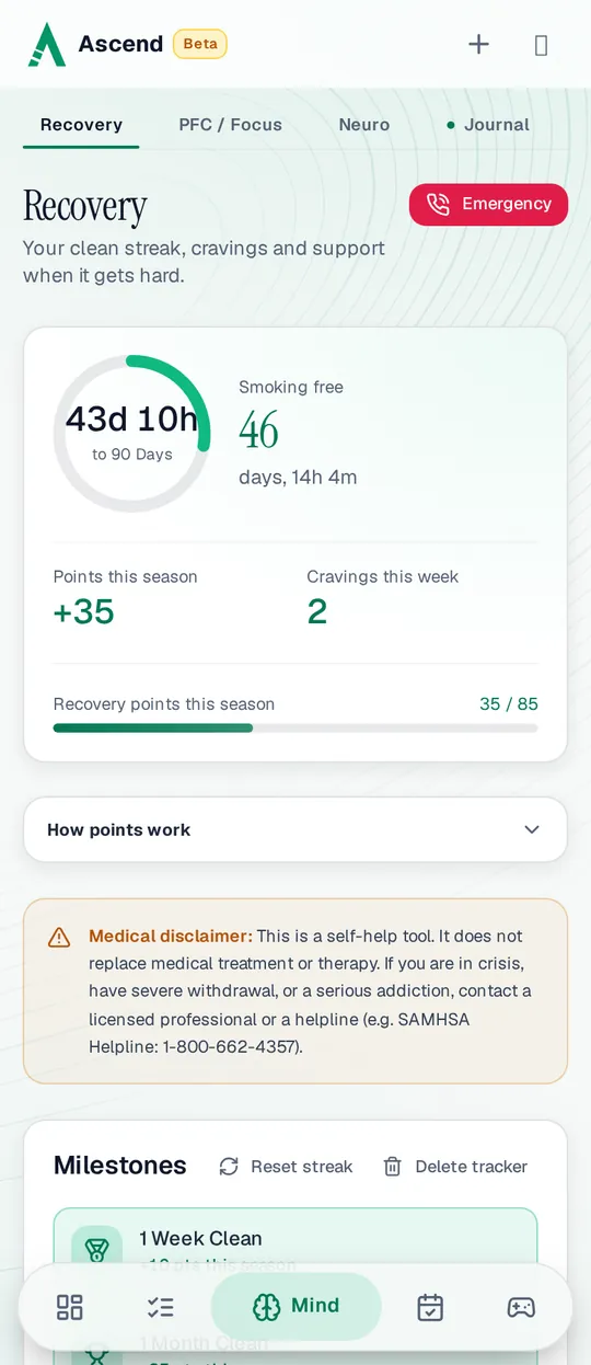 The Recovery page on a phone: 46 days smoking free, 43 days 11 hours left to the 90-day milestone, 35 of 85 recovery points this season and 2 cravings this week