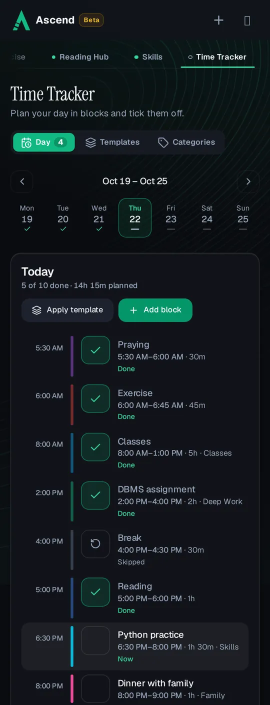 Time Tracker on a phone, the same day: Praying, Exercise, Classes, DBMS assignment and Reading done, Break skipped, Python practice 6:30 PM to 8:00 PM marked Now, and Dinner with family next